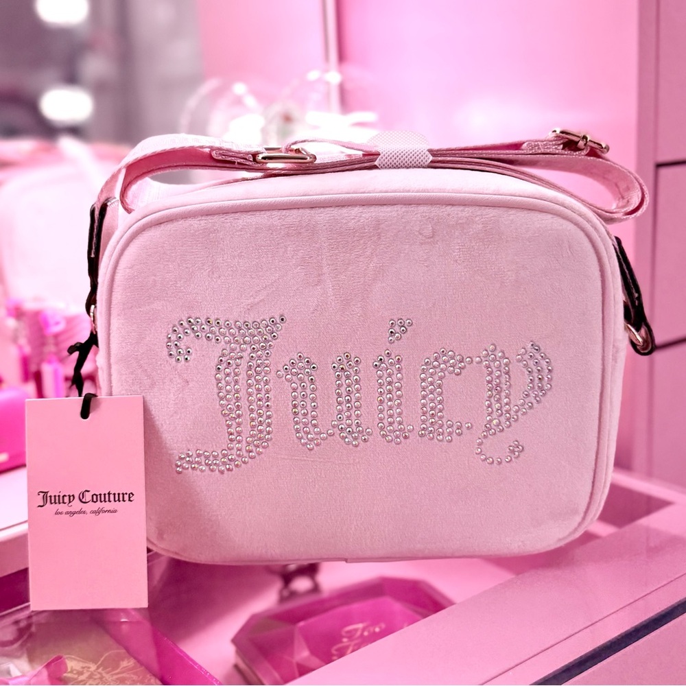 Juicy Couture Obsession Crossbody Camera Bag Pink Velour Bling Rhinestone Logo